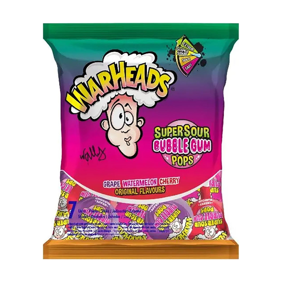 Warheads Super Sour Bubble Gum Pops raisin pastèque cerise 7 pièces