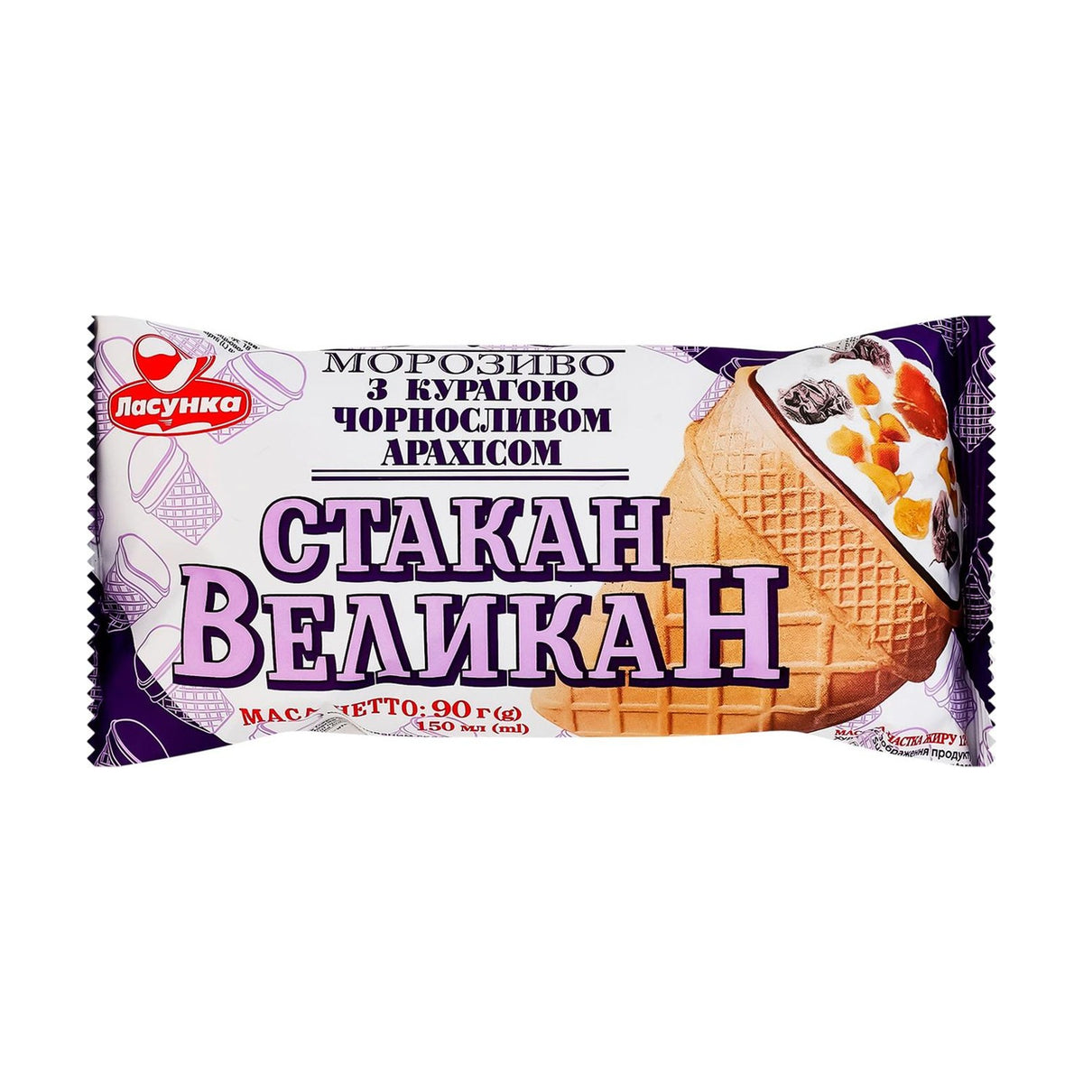 Lasunka, Glace Stakan Velykan cornet aux abricots secs, pruneaux, cacahuètes 90 g