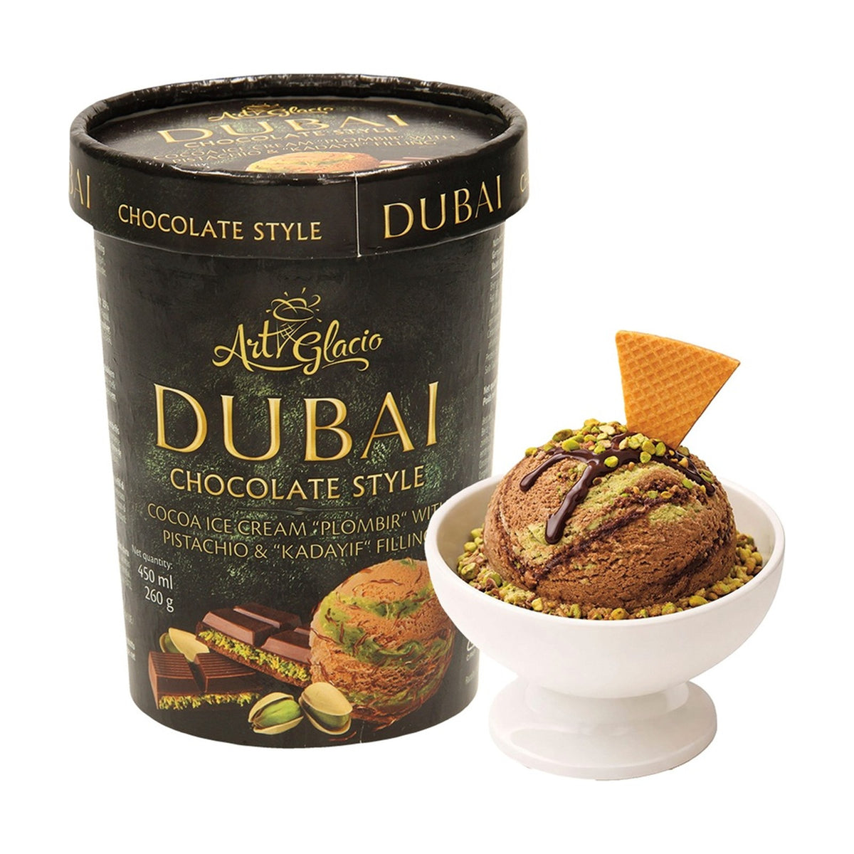 Art Glacio, glace Dubai Chocolate Style pistache kadayif