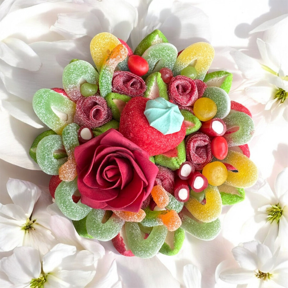 Bouquet de bonbons personnalisé Sweet Vibes, bouquet multicolore à la rose rouge