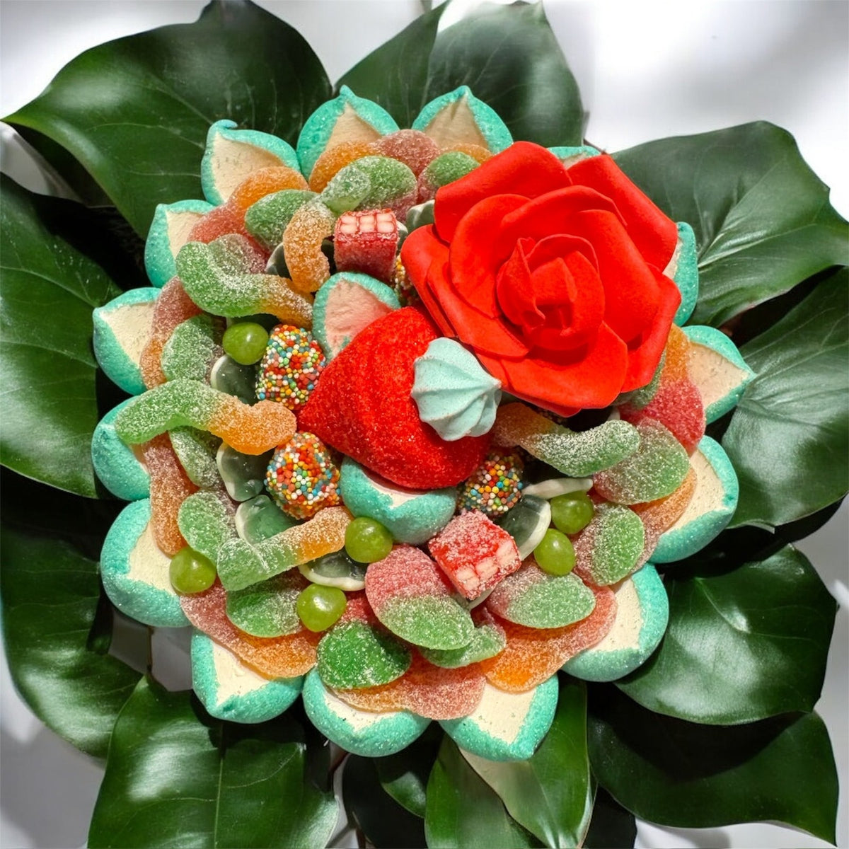 Bouquet de bonbons personnalisé Sweet Vibes, bouquet acidulé à la rose orange